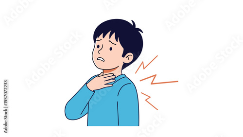 Young boy suffering from a sore throat or neck pain gesturing with discomfort against a plain background.