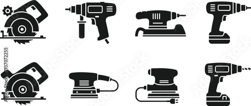 Black silhouette icon collection of professional power tools including circular saws drills sanders and electric screwdrivers on white background.