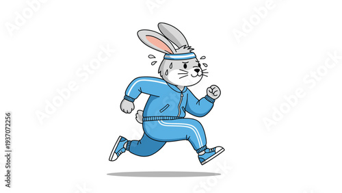 Energetic rabbit character in a blue tracksuit running and sweating representing exercise fitness and an active lifestyle.