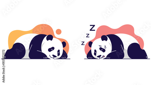 Illustration of two giant pandas lying down where one sleeps peacefully while the other appears to be having a stressful dream or nightmare.