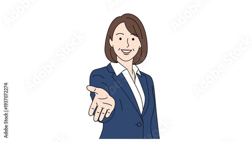 Smiling businesswoman in a professional navy blue suit reaches out her hand forward in a welcoming gesture of assistance or partnership.