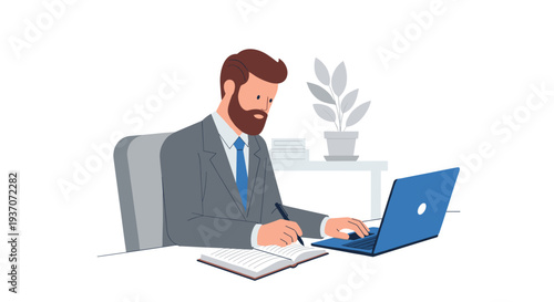 An illustrated bearded man in a grey suit works at a desk, typing on a blue laptop and writing in a notebook.