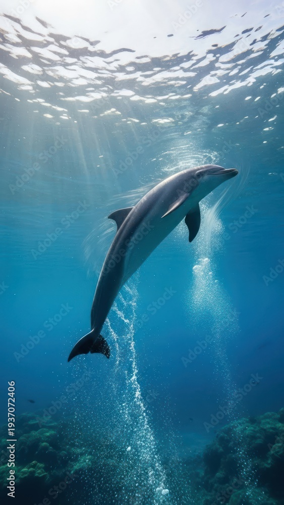 Naklejka premium Graceful Dolphin Leaping Through Sunlit Underwater Ocean Paradise.