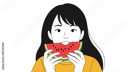 Young woman with long black hair enjoys a refreshing slice of red watermelon with seeds during a warm summer day in this illustration.