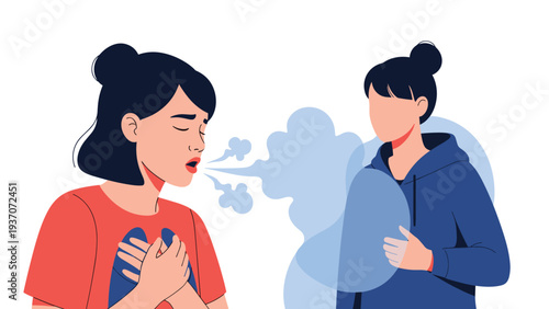 Illustration of a woman coughing or exhaling a large cloud of breath toward another person representing the spread of airborn illness.