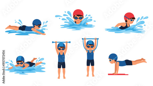 Illustrations showing a young boy in a blue swimsuit practicing different strokes and exercises in the water and poolside for fitness.