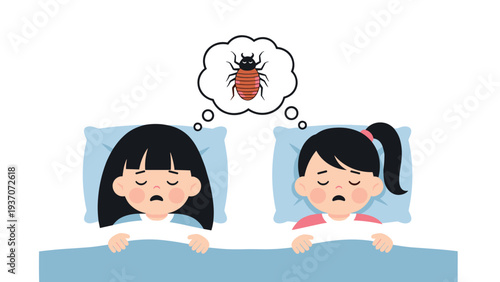 Two young girls sleep soundly in bed together while a shared thought bubble depicts a bedbug indicating an infestation or a nightmare.
