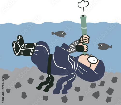 水遁の術で竹棒で息をする忍者