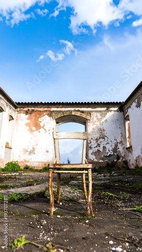 An aged wooden chair sits facing a broken window that frames a cloudy sky and mountain. The abandoned building has crumbling walls