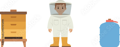 Beekeeper with protective suit, beehive box and honey container illustration, beekeeping equipment vector set isolated design
