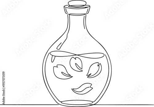 Glass potion bottle with floating flower petals in continuous one line drawing. Magic elixir botanical drink in simple linear style. Spa wellness menu in editable stroke. Doodle oneline vector art.