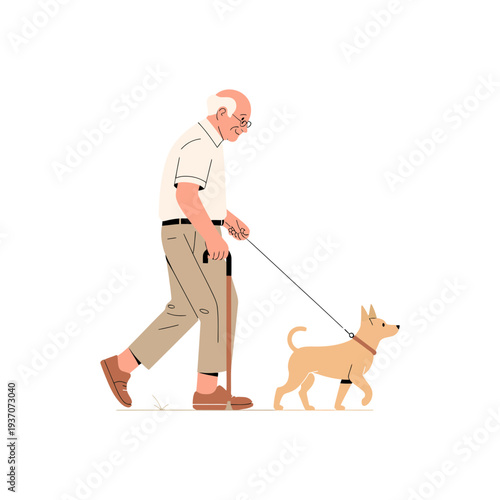 An elderly man walking his dog with a cane outdoors