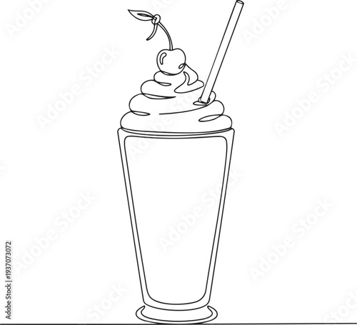 Milkshake tall glass with whipped cream and cherry in continuous one line drawing. Sweet summer dessert drink in simple linear style. Cafe beverage menu in editable stroke. Doodle oneline vector art.