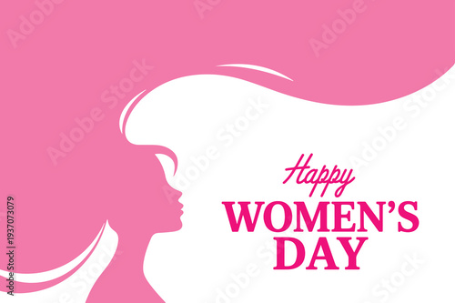 A vibrant pink silhouette of a woman with flowing hair and Happy Womens Day message