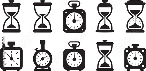 Black and white clocks and hourglasses in various styles and time