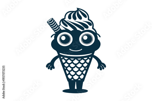 Delightful navy cone character with large eyes smiles cheerfully on a white background