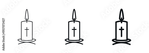 Lit candle with a cross symbol on a candle holder. Minimal icon in thin, regular, bold outline styles. Represents faith, remembrance, prayer, mourning, and spiritual devotion. Vector illustration