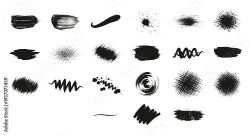 Collection of various black ink brush strokes and splatters on white background.