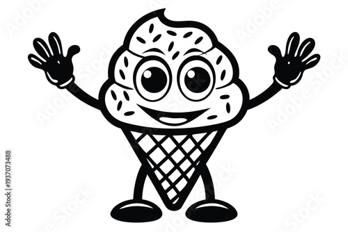 Cartoon ice cream cone character cheerfully raises hands with big smile and sprinkles