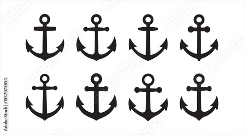 Marine ship anchor icon set isolated in minimal black silhouette style