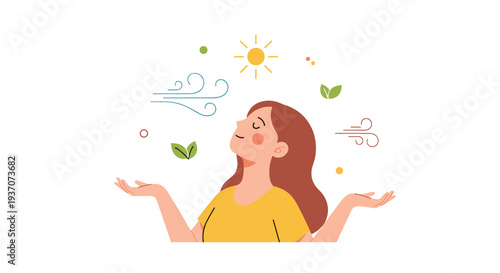 A serene woman with closed eyes enjoys sun, wind, and leaves.