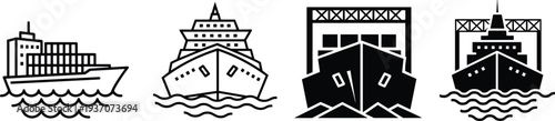 Collection of four black and white ship illustrations featuring cargo vessels container ships and cruise liners isolated on white background