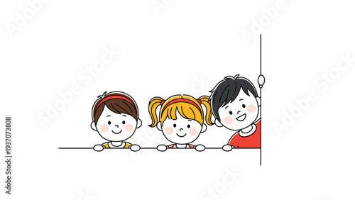 Group of cute children peeking out from behind large white space, ideal for message boards and educational design elements for little kids.