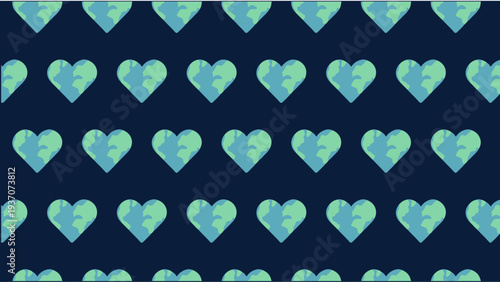 Heart shaped planet Earth eco seamless pattern on dark blue background