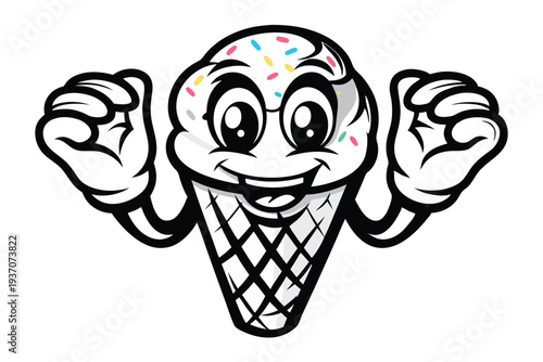 Cartoon ice cream cone character smiles broadly, displaying okay gestures with both gloved hands