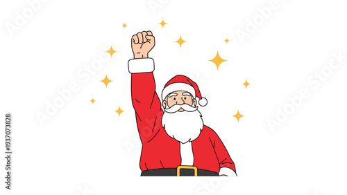 Cheerful Santa Claus raising his fist in a gesture of success and motivation surrounded by sparkling stars on a clean white background.