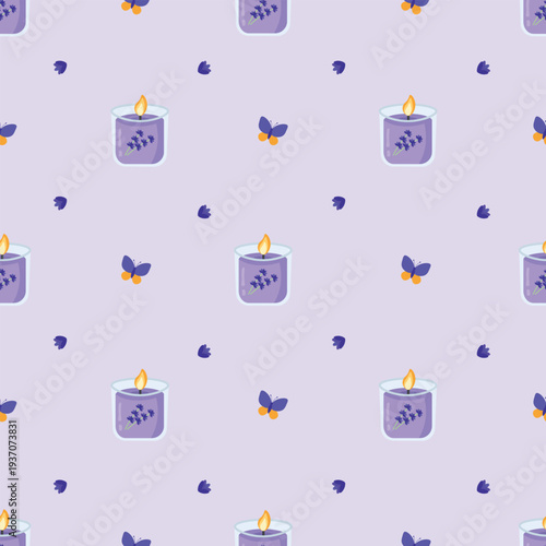 Seamless lavender candle pattern with butterflies and flowers, cute purple vector background