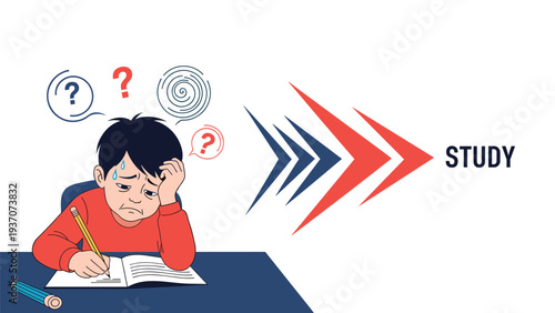 Boy student struggling with his homework and feeling stressed about study, illustrated with question marks and confusing swirl symbols.