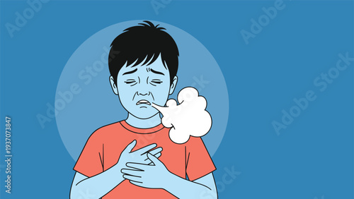 Young boy feeling chest pain and shortness of breath against a blue background, illustrating symptoms of heart problems or lung issues.