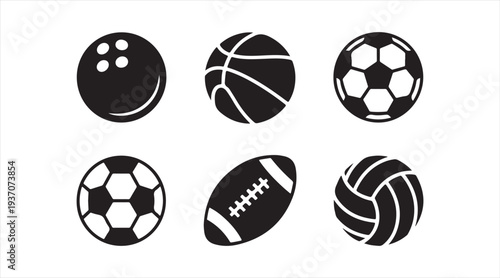 Team sport equipment icons with different balls for recreation and fitness design