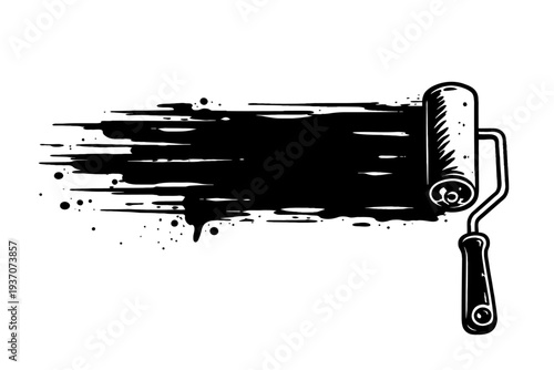 Dynamic black paint roller creating a bold, grungy, hand-drawn stroke with artistic ink splatters, perfect for industrial, DIY, art, or renovation-themed designs, offering a versatile background or cr