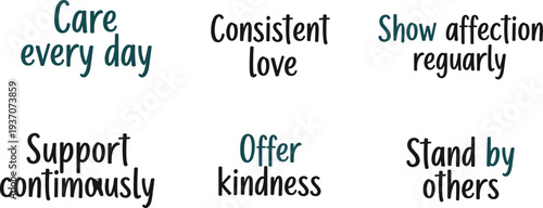 Collection of Hand Drawn Relationship Advice Phrases Featuring Inspirational Quotes About Daily Care Consistent Love Kindness Support Affection and Standing By Others for Motivation