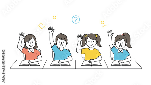 Group of four happy children raising their hands in a classroom setting, representing active participation and learning in elementary school.