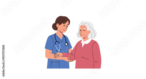 A nurse assists an elderly woman to stand or walk.