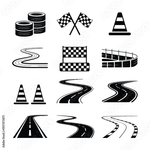 A set of racing track icons in black silhouette style