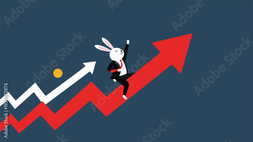 Rabbit businessman riding a fast growing red arrow upwards on a dark blue background, symbolizing significant business growth and success.