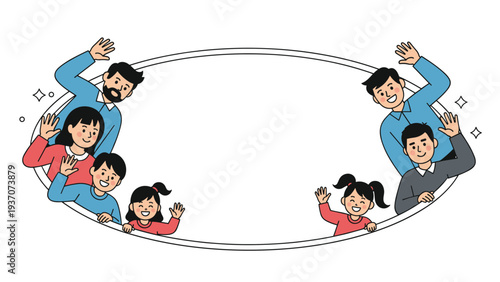 Happy diverse family members peeking through a large oval frame and waving, perfect for message boards or greeting card design elements.