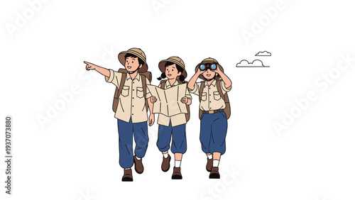 Three adventurous children explorers wearing safari hats and backpacks searching for hidden treasures with a paper map and binoculars.