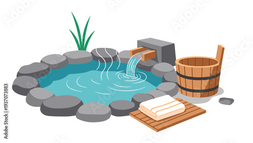 Traditional Japanese outdoor hot spring or onsen bath with rocks, steam, wooden bucket, and white towel for relaxation and asian tourism.
