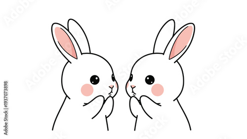 Two cute white rabbits facing each other in a sweet and friendly pose, ideal for easter decorations or various animal themed designs.