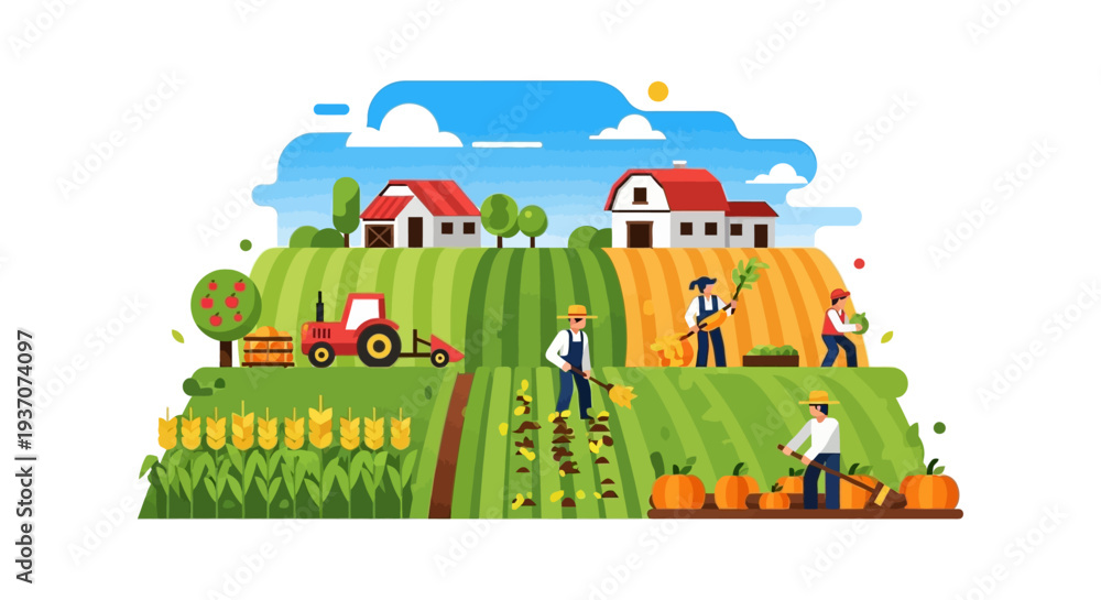 Fototapeta premium Flat Vector Illustration of Farm Harvesting Scene. Farmers Working in Fields with Tractor, Crops, and Rural Barn Houses.