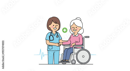 A nurse gently pushes an elderly woman in a wheelchair.