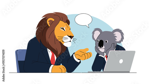 Lion boss talking to a bored koala employee at an office desk with a laptop, representing office communication and workplace dynamics.