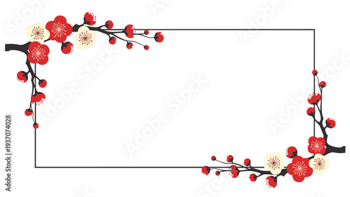 Elegant rectangular frame decorated with red and white plum blossoms on branches, perfect for traditional Japanese festive greeting cards.