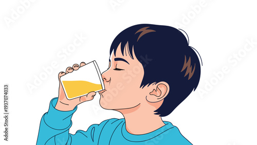 Young boy drinking a large glass of orange juice, representing healthy habits and nutrition for children to support their growth and energy.