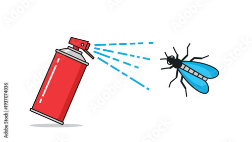Red spray can spraying insecticide at a blue fly, representing pest control and domestic hygiene solutions for a cleaner and safer home.